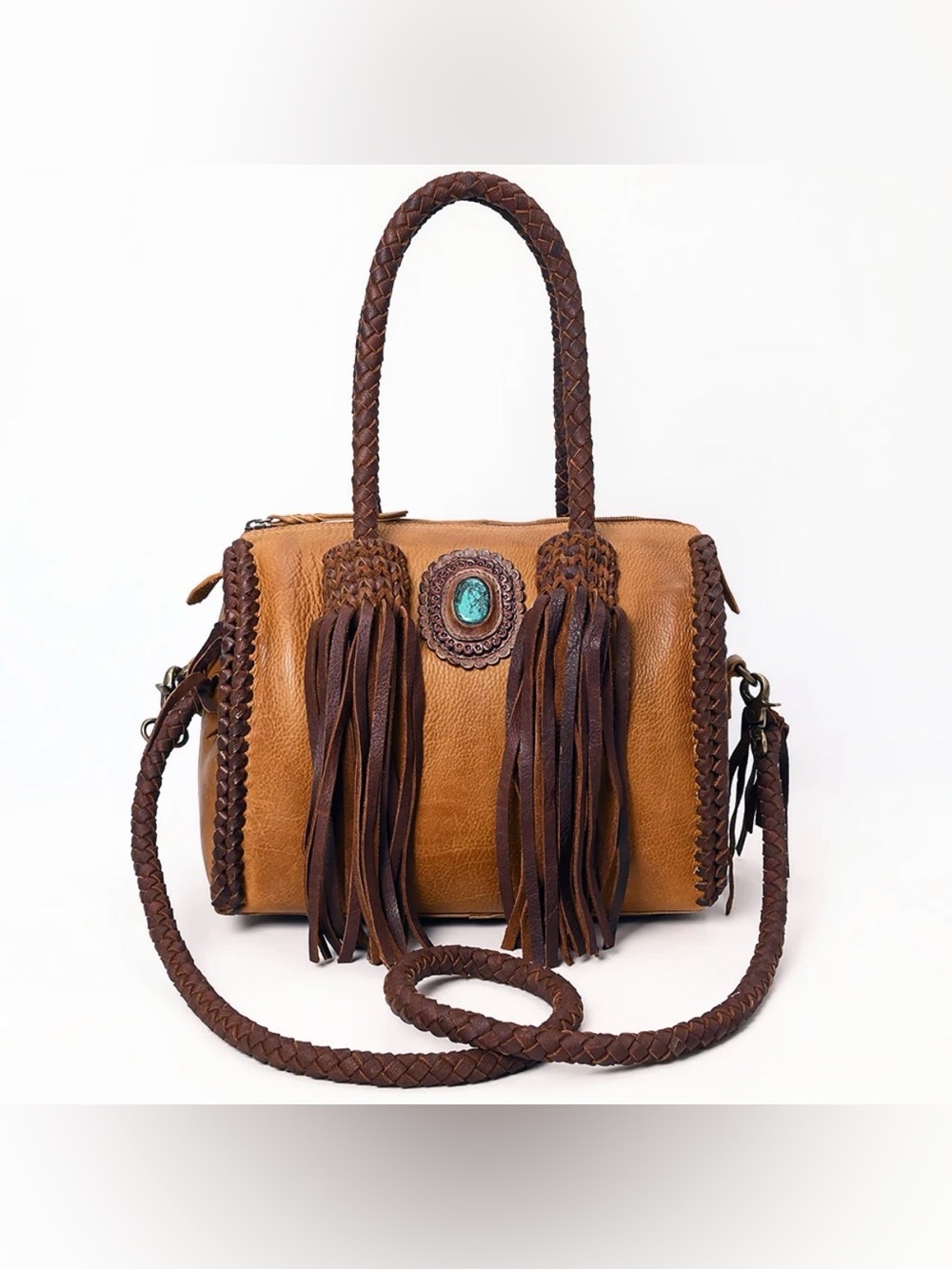 Western Boho Tassel Leather Satchel in Tan and Brown - Picture 2 of 6